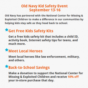 Free kids safety kits at Old Navy