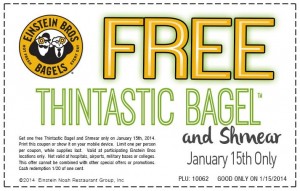 Einstein Bros Bagels: FREE Bagel on January 15, 2014