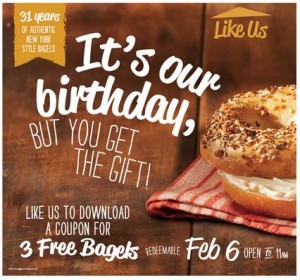 Bruegger’s Bagels: 3 FREE Bagels – February 6, 2014